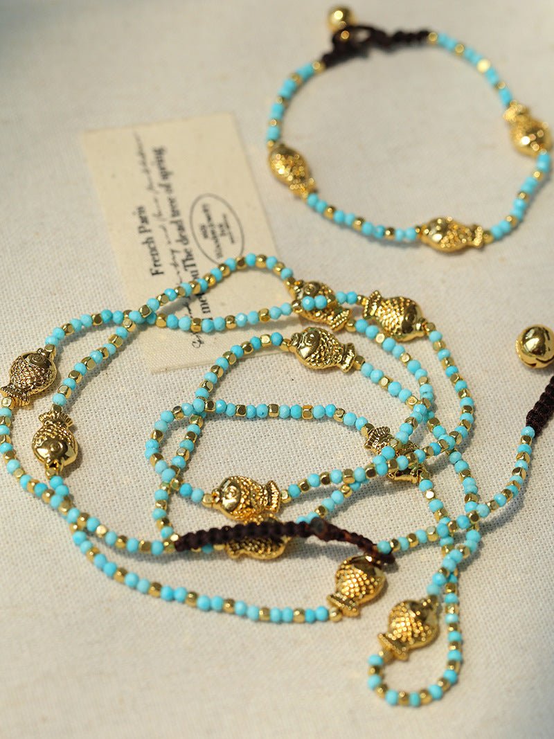 Blue Turquoise Golden Koi Beaded Long Necklace gembea jewelry