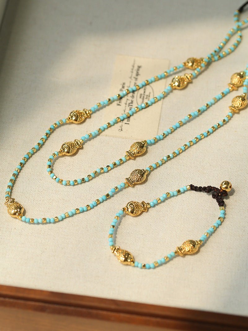 Blue Turquoise Golden Koi Beaded Long Necklace gembea jewelry