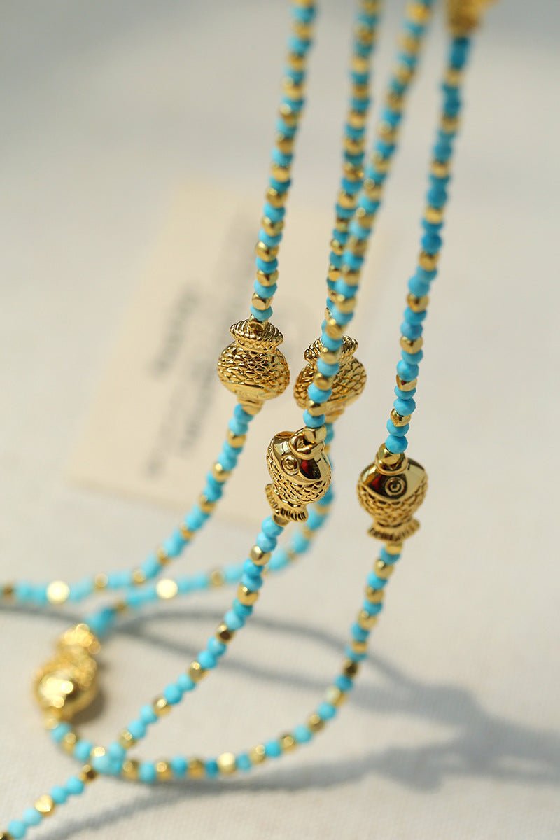 Blue Turquoise Golden Koi Beaded Long Necklace gembea jewelry