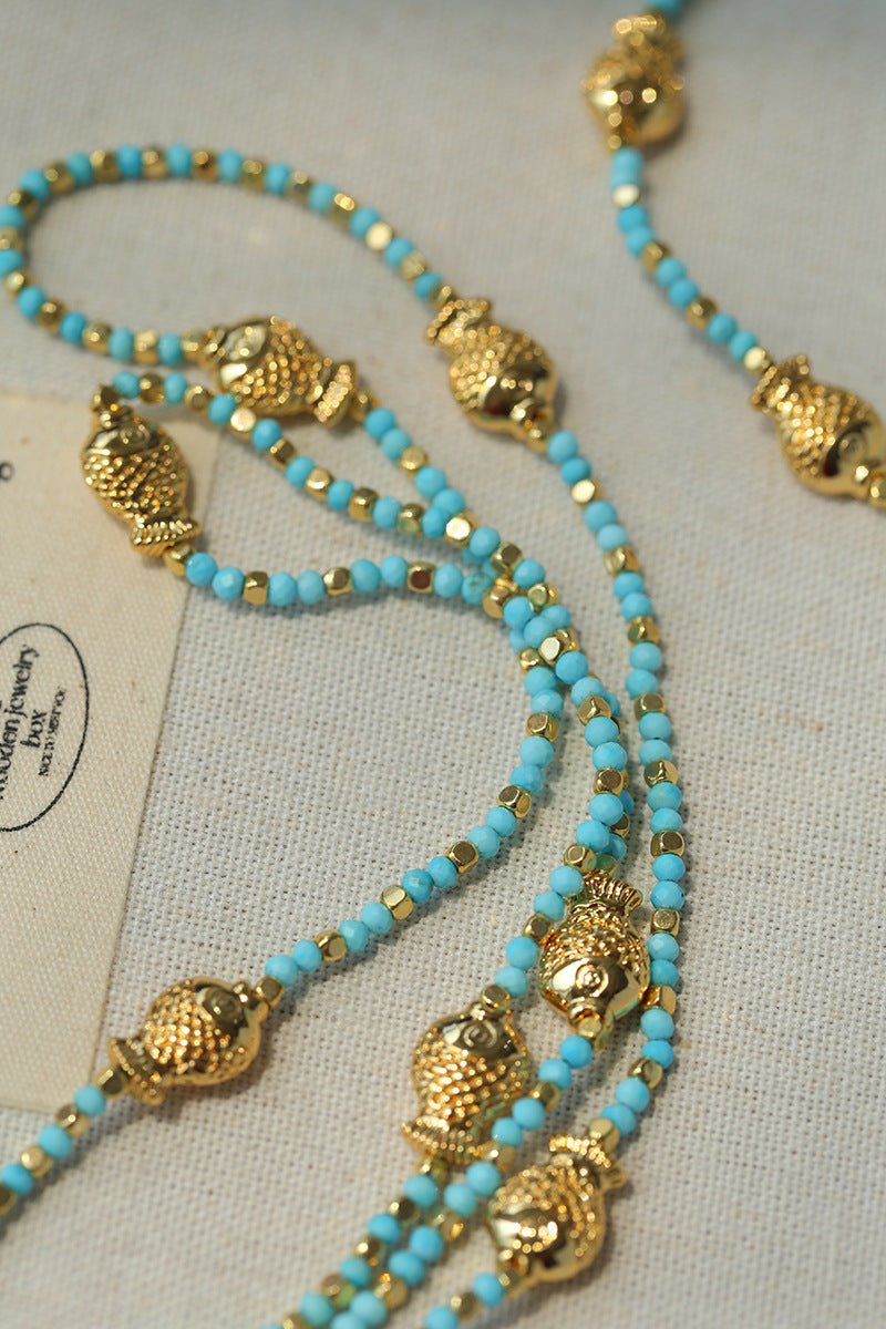 Blue Turquoise Golden Koi Beaded Long Necklace gembea jewelry