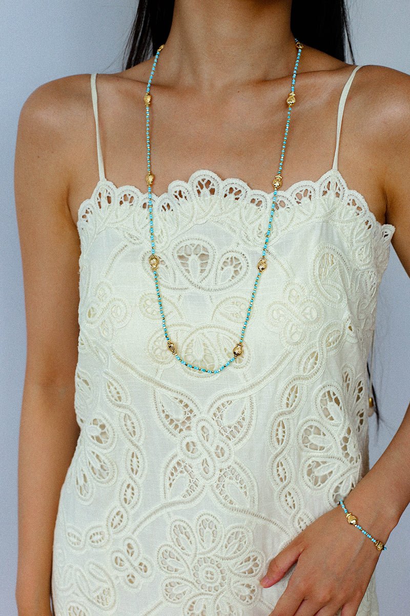 Blue Turquoise Golden Koi Beaded Long Necklace gembea jewelry