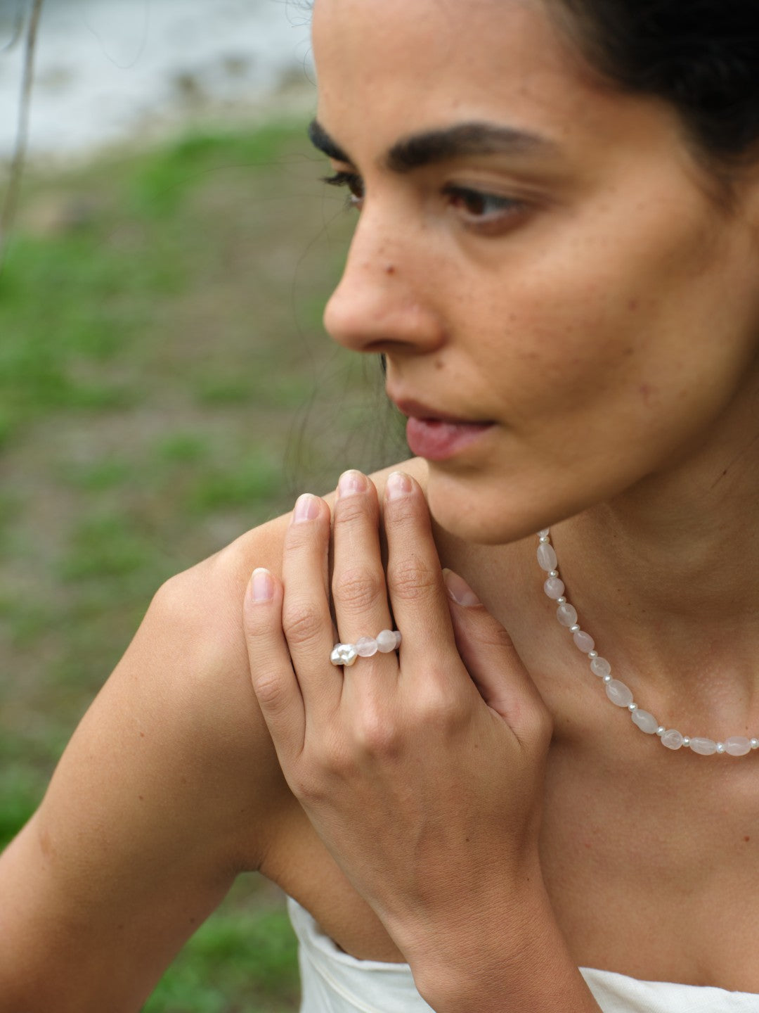 Blush Petal Irregular Rose Quartz Pearl Ring gembea jewelry