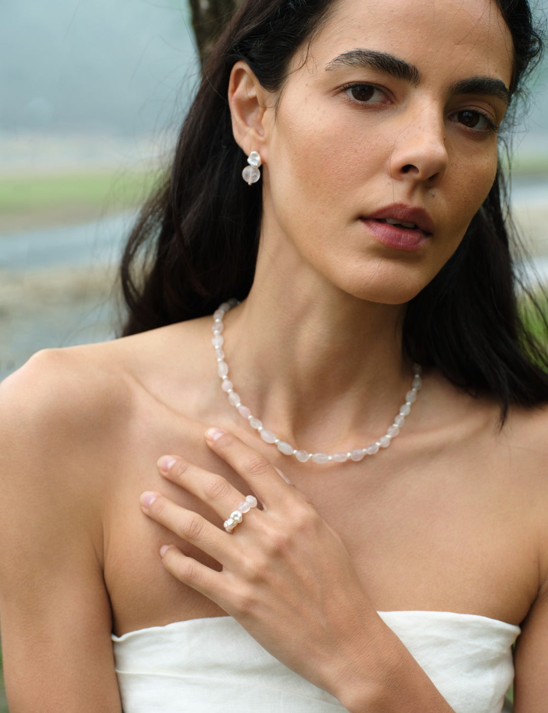 Blush Petal Irregular Rose Quartz Pearl Ring gembea jewelry