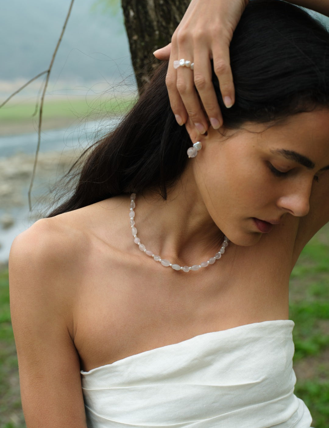 Blush Petal Rose Quartz Baroque Pearl Earrings gembea jewelry