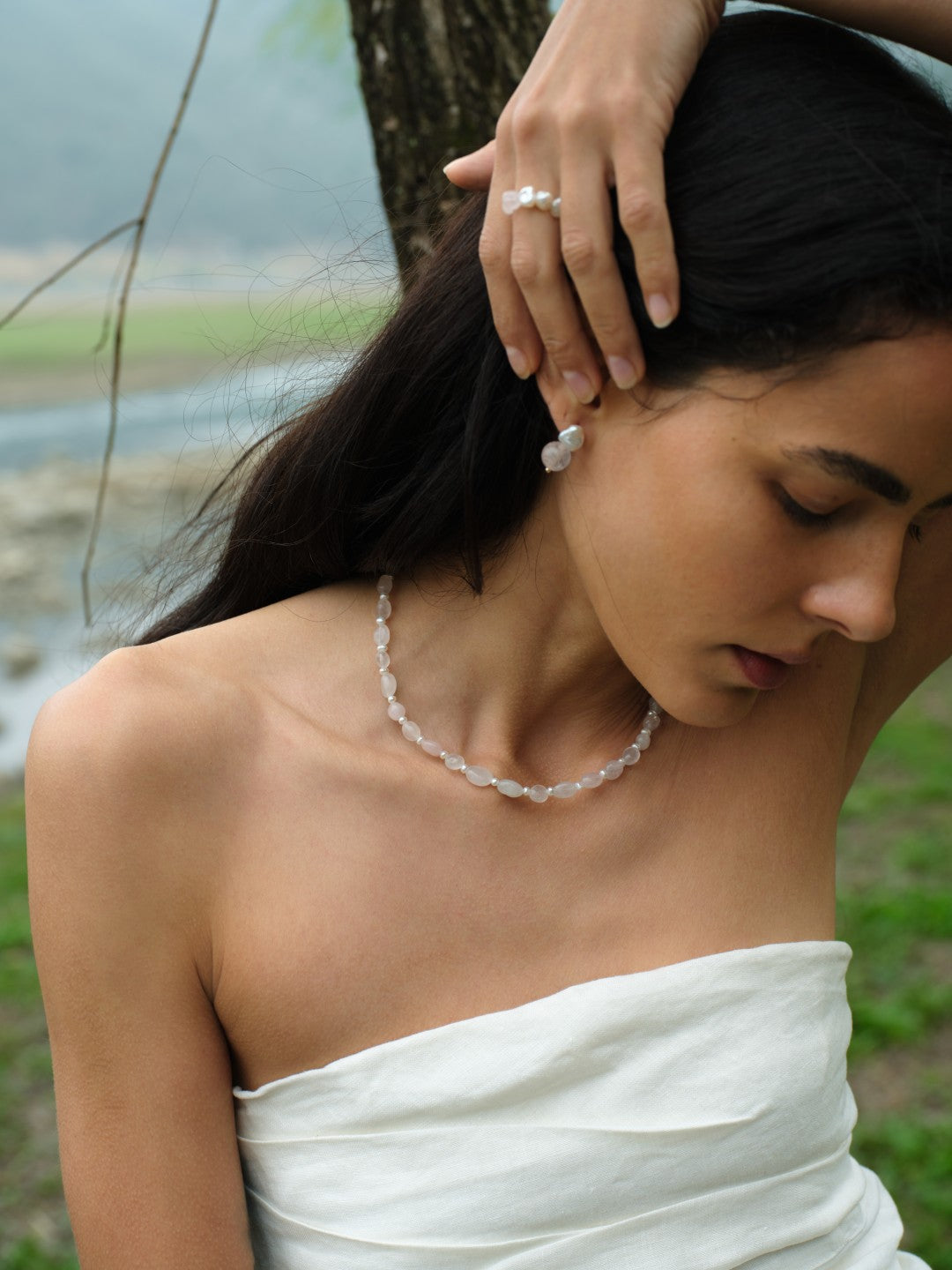 Blush Petal Rose Quartz Baroque Pearl Earrings gembea jewelry