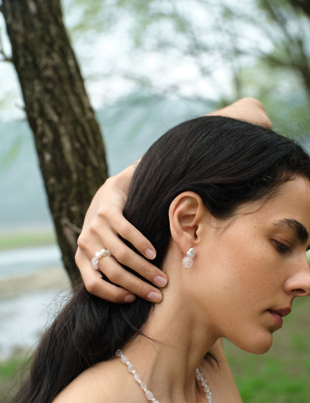 Blush Petal Rose Quartz Baroque Pearl Earrings gembea jewelry