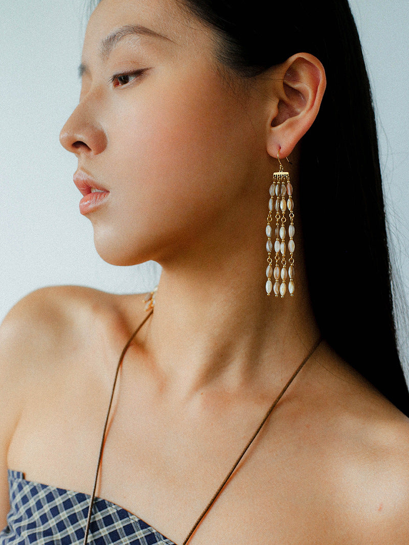 Boho Style Natural Shell Tassel Dangle Earrings gembea jewelry