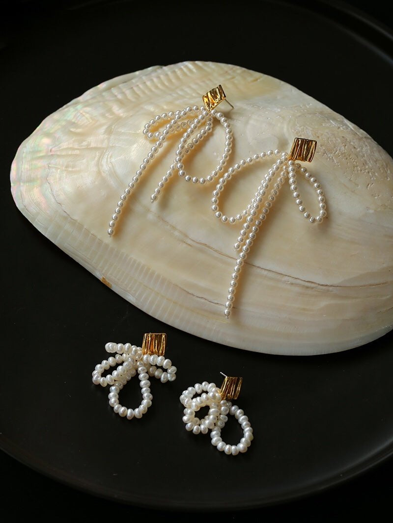 Bow Dance Metal Lava Long Pearl Earrings gembea jewelry