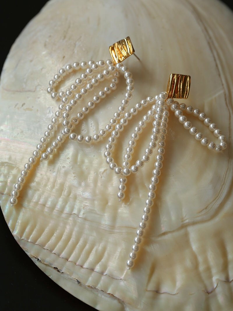 Bow Dance Metal Lava Long Pearl Earrings gembea jewelry