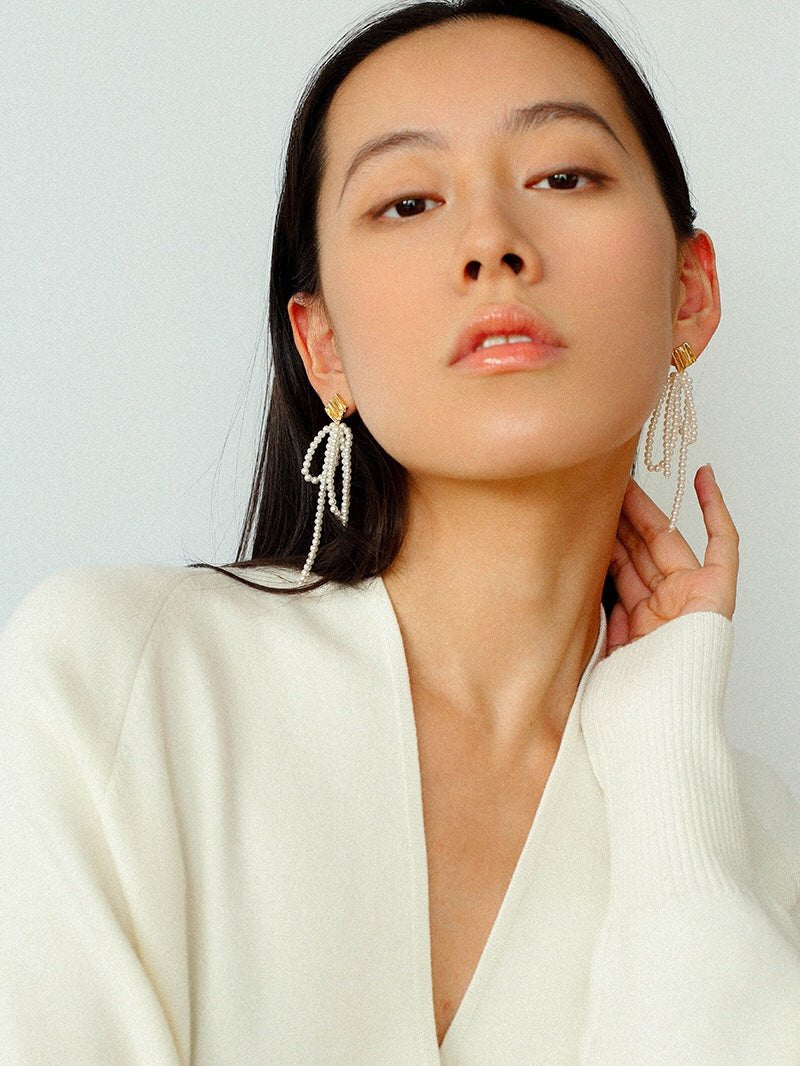 Bow Dance Metal Lava Long Pearl Earrings gembea jewelry