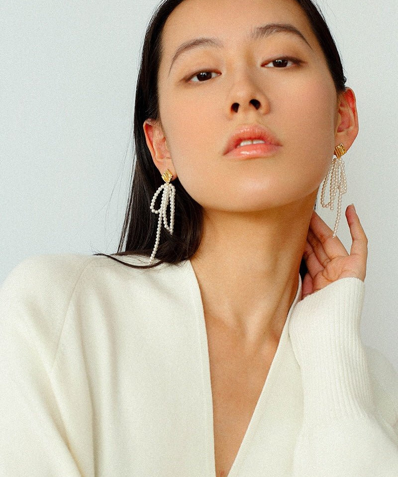 Bow Dance Metal Lava Long Pearl Earrings gembea jewelry