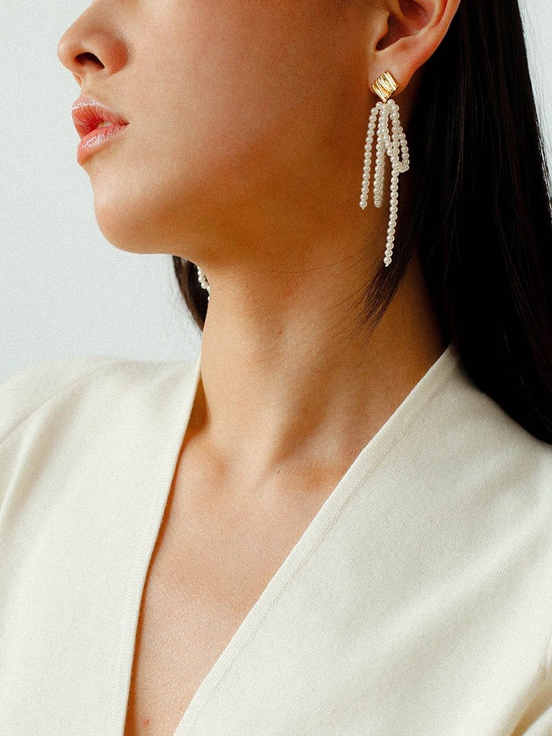 Bow Dance Metal Lava Long Pearl Earrings gembea jewelry