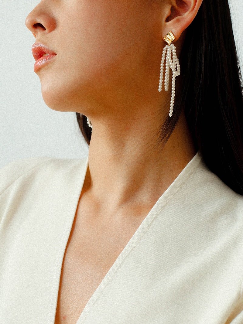 Bow Dance Metal Lava Long Pearl Earrings gembea jewelry