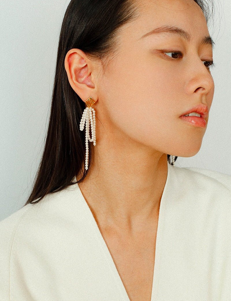 Bow Dance Metal Lava Long Pearl Earrings gembea jewelry