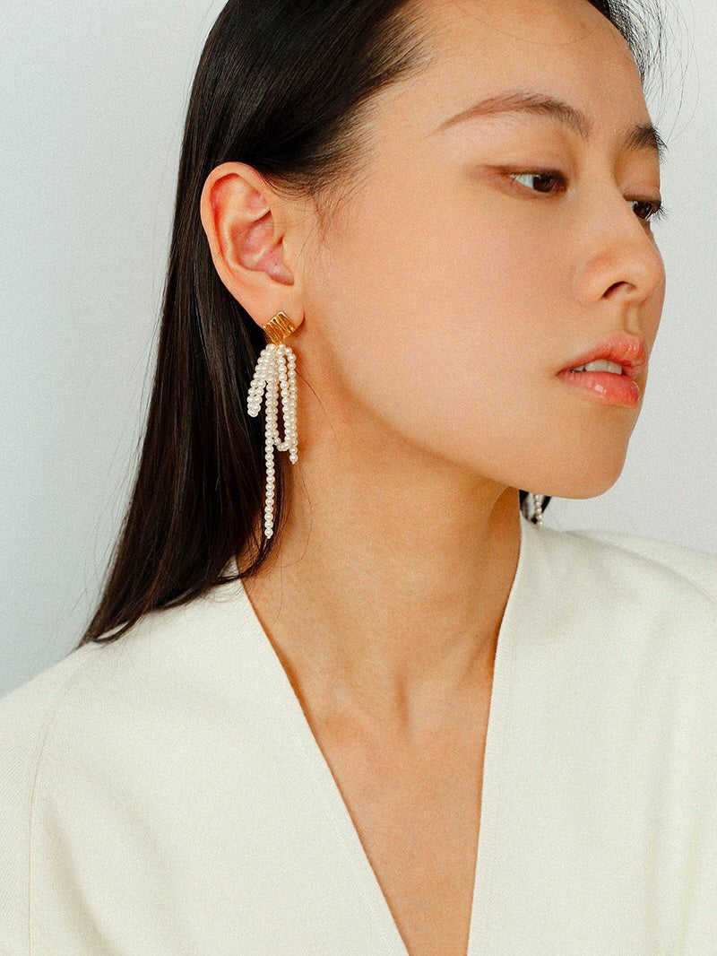 Bow Dance Metal Lava Long Pearl Earrings gembea jewelry