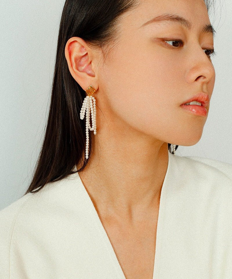 Bow Dance Metal Lava Long Pearl Earrings gembea jewelry