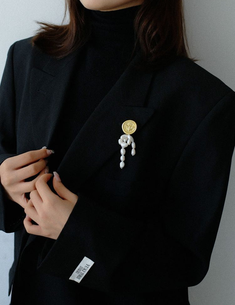 Brushed Metal Bee Pearl Brooch gembea jewelry