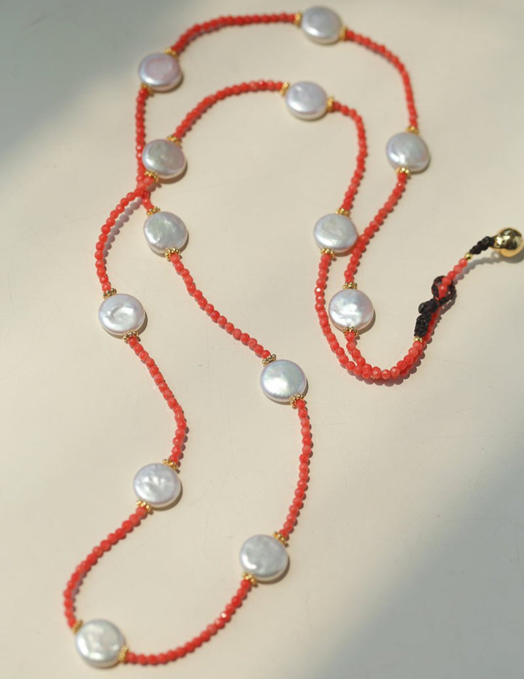 Button Baroque Pearl Red Gemstone Long Necklace gembea jewelry