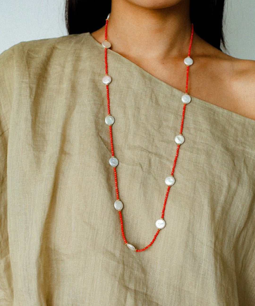 Button Baroque Pearl Red Gemstone Long Necklace gembea jewelry