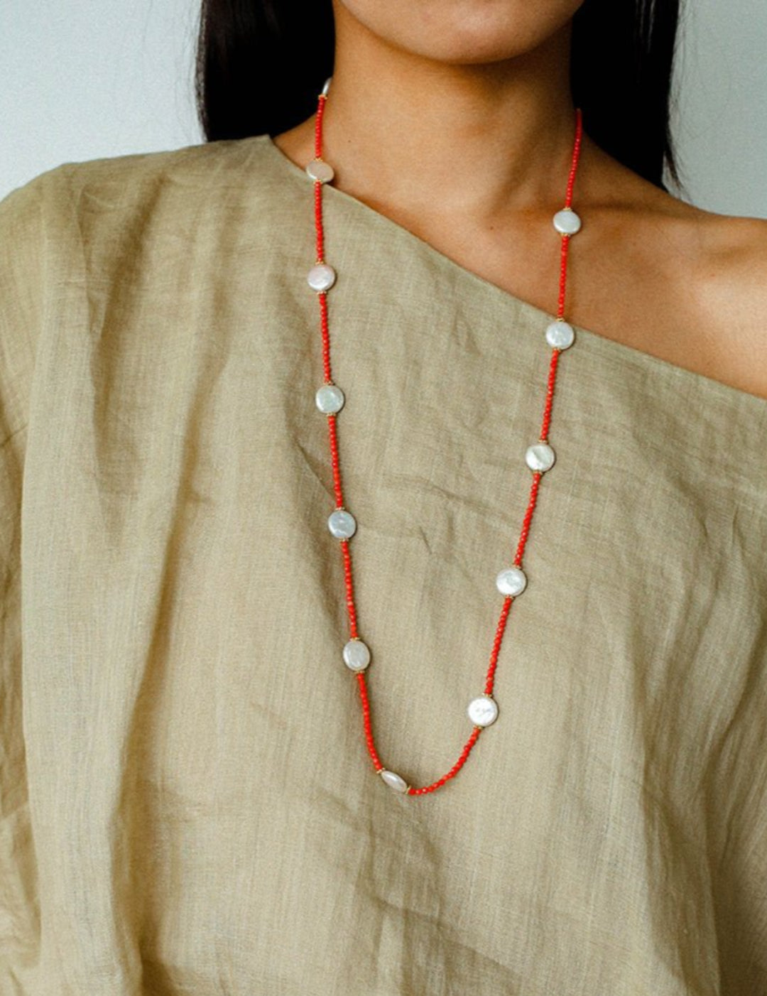 Button Baroque Pearl Red Gemstone Long Necklace gembea jewelry
