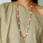 Button Baroque Pearl Red Gemstone Long Necklace gembea jewelry