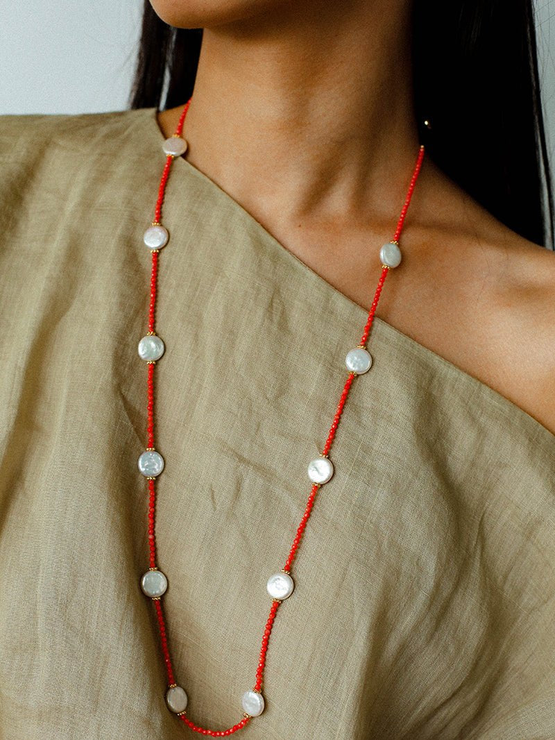 Button Baroque Pearl Red Gemstone Long Necklace gembea jewelry