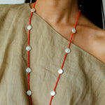 Button Baroque Pearl Red Gemstone Long Necklace gembea jewelry