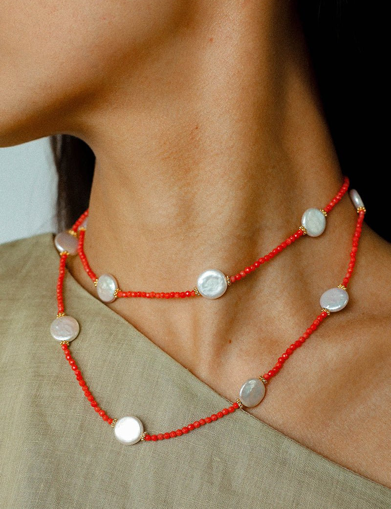 Button Baroque Pearl Red Gemstone Long Necklace gembea jewelry