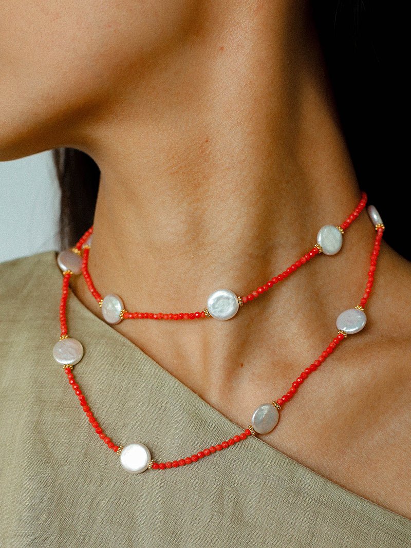Button Baroque Pearl Red Gemstone Long Necklace gembea jewelry