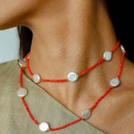 Button Baroque Pearl Red Gemstone Long Necklace gembea jewelry