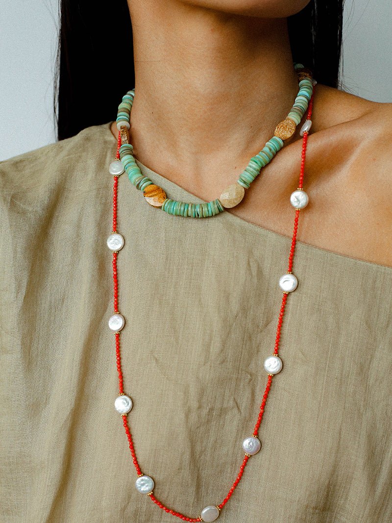 Button Baroque Pearl Red Gemstone Long Necklace gembea jewelry