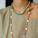 Button Baroque Pearl Red Gemstone Long Necklace gembea jewelry