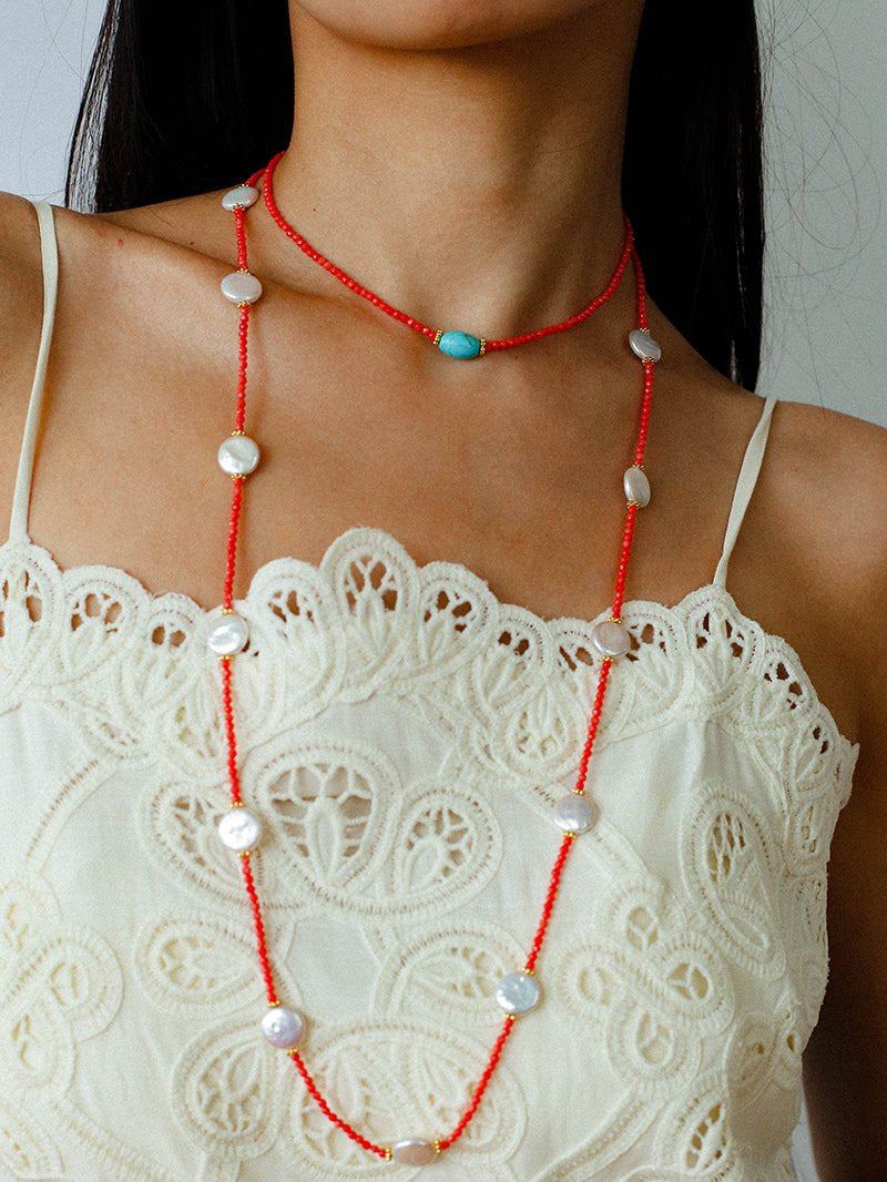 Button Baroque Pearl Red Gemstone Long Necklace gembea jewelry