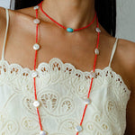 Button Baroque Pearl Red Gemstone Long Necklace gembea jewelry