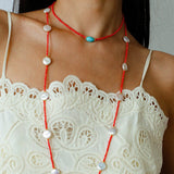 Button Baroque Pearl Red Gemstone Long Necklace gembea jewelry