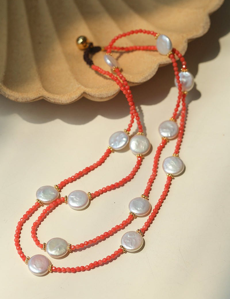 Button Baroque Pearl Red Gemstone Long Necklace gembea jewelry