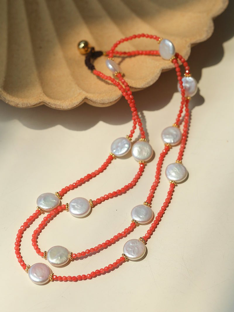 Button Baroque Pearl Red Gemstone Long Necklace gembea jewelry