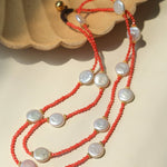 Button Baroque Pearl Red Gemstone Long Necklace gembea jewelry