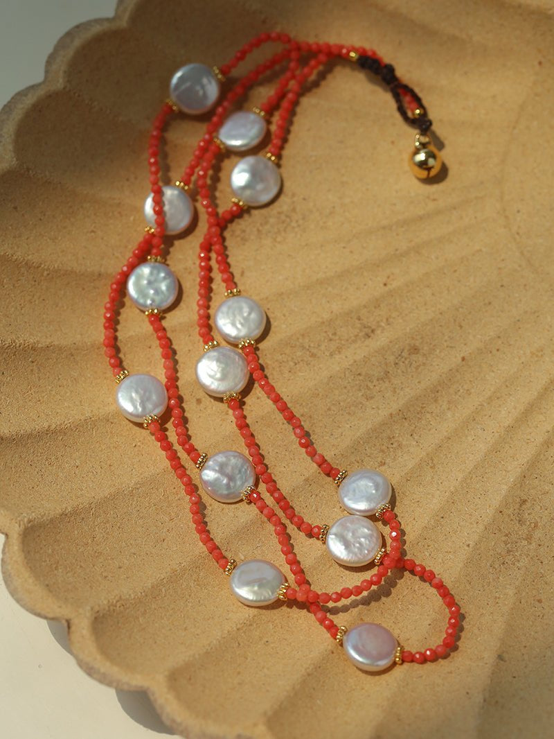 Button Baroque Pearl Red Gemstone Long Necklace gembea jewelry