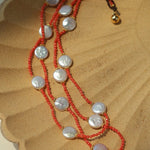 Button Baroque Pearl Red Gemstone Long Necklace gembea jewelry