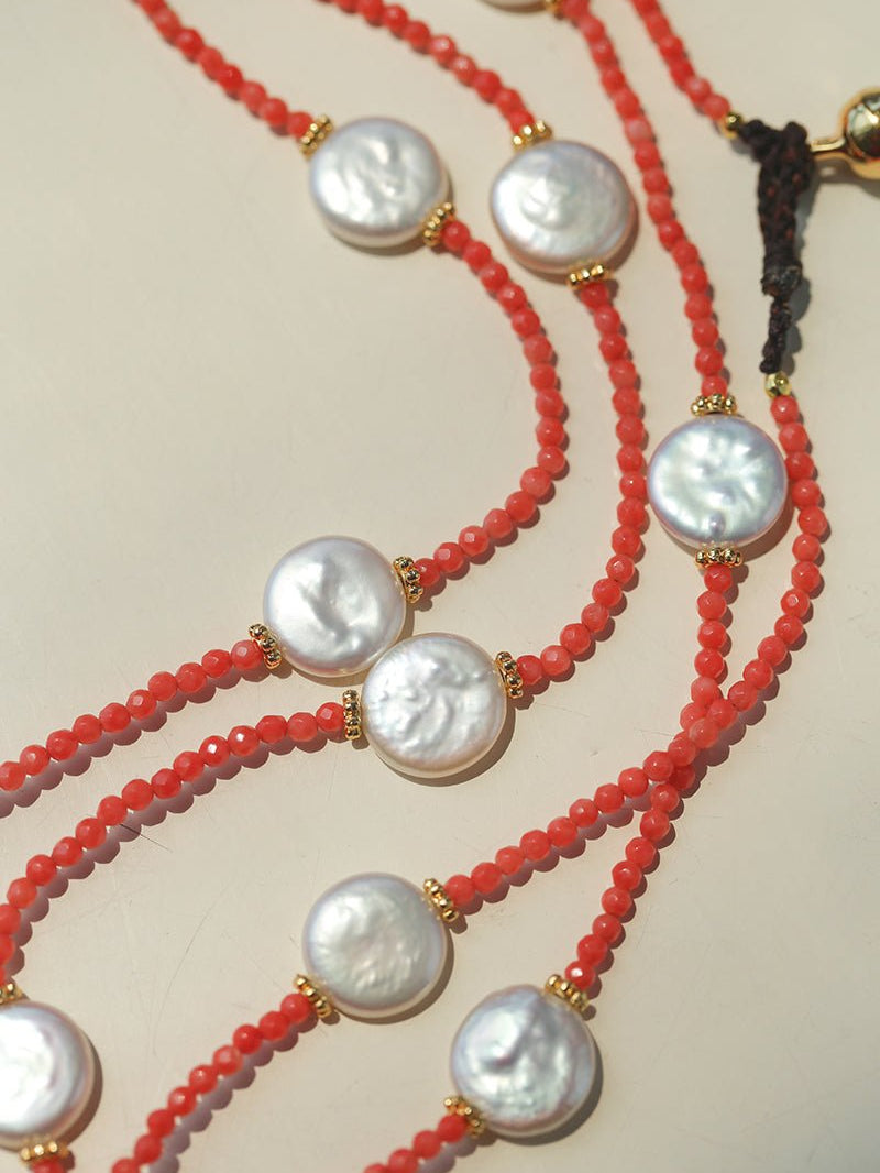Button Baroque Pearl Red Gemstone Long Necklace gembea jewelry