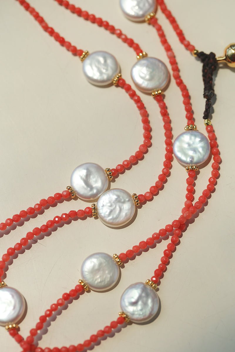 Button Baroque Pearl Red Gemstone Long Necklace gembea jewelry
