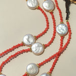 Button Baroque Pearl Red Gemstone Long Necklace gembea jewelry
