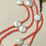 Button Baroque Pearl Red Gemstone Long Necklace gembea jewelry