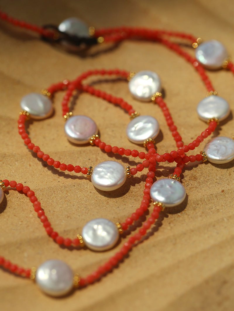 Button Baroque Pearl Red Gemstone Long Necklace gembea jewelry