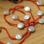 Button Baroque Pearl Red Gemstone Long Necklace gembea jewelry