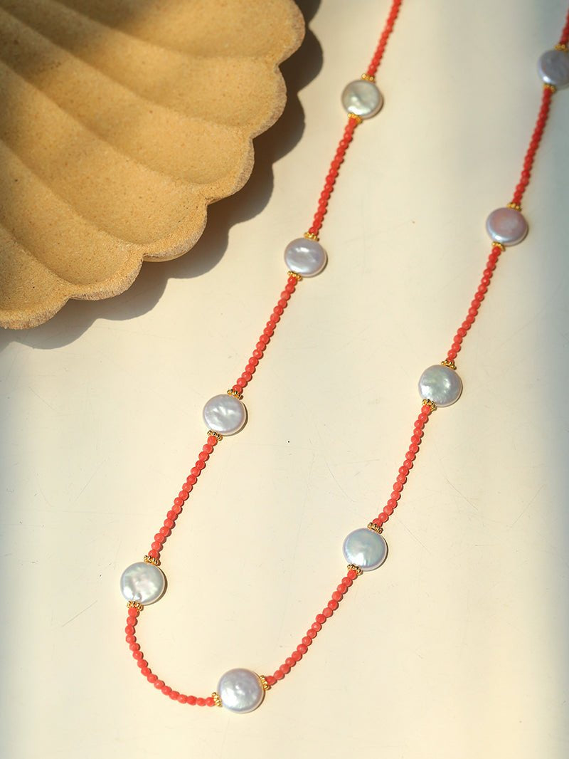 Button Baroque Pearl Red Gemstone Long Necklace gembea jewelry