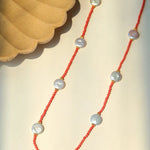 Button Baroque Pearl Red Gemstone Long Necklace gembea jewelry