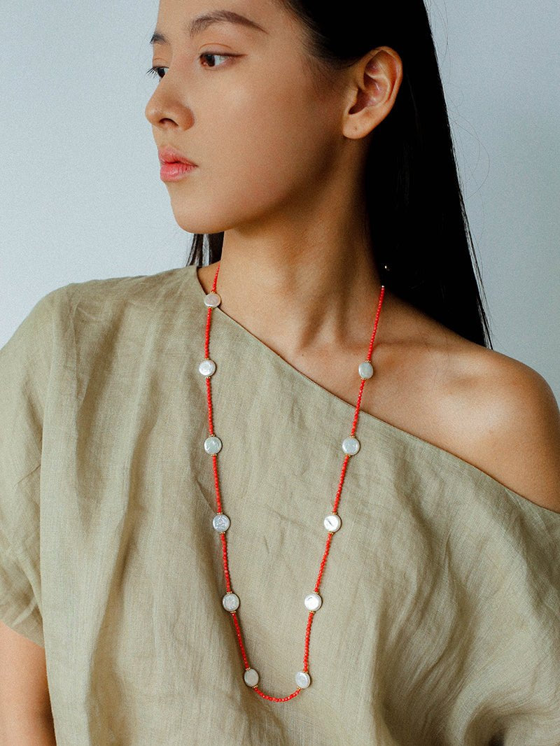 Button Baroque Pearl Red Gemstone Long Necklace gembea jewelry