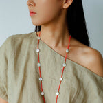 Button Baroque Pearl Red Gemstone Long Necklace gembea jewelry